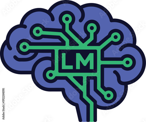 A stylized illustration of a brain with circuit board elements and LM logo