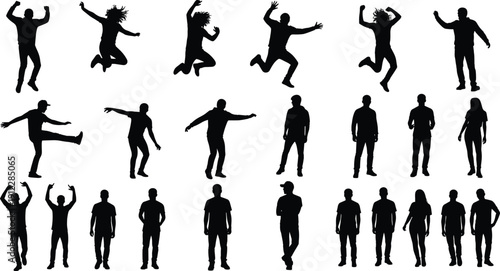 Collection of Active People Silhouettes featuring Young Men and Women Jumping Dancing and Standing in Various Energetic Poses for Lifestyle and Joyful Celebration