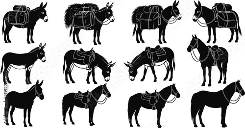 Collection of Horse and Donkey Silhouettes Carrying Heavy Loads and Saddles for Transportation Farming Rural Life and Animal Agriculture Vector Illustration