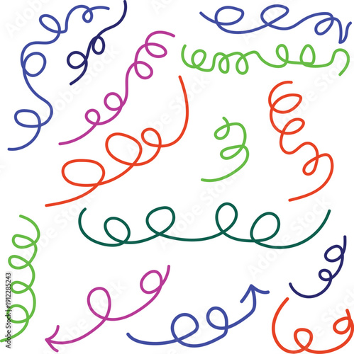 Colorful swirling arrows and curly lines on white background