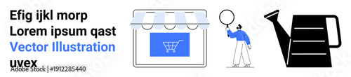 Online shop storefront with cart icon, person with balloon, watering can in bold design. Ideal for ecommerce, gardening, minimalism, creativity, simplicity, leisure simple landing page