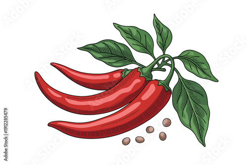 Three bright red chili peppers with green leaves and seeds are isolated on white.