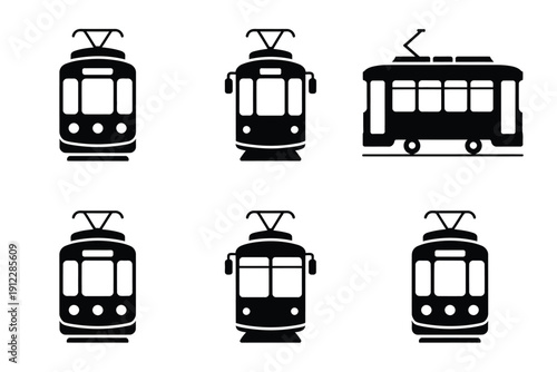 Set of six streetcar illustrations presents various front and side views of electric.