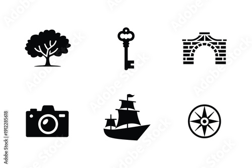 Assortment of black simple icons displays adventure, nature, and travel concepts.