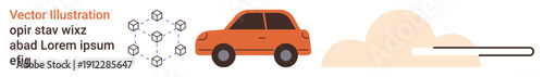 Environmental awareness, air pollution, vehicle emissions, sustainability, carbon footprint, eco-conscious living. Orange car emits particulate symbols and exhaust cloud. Air pollution