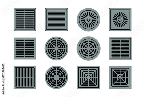 Collection of square and circular metal grate icons represents drainage covers for urban.