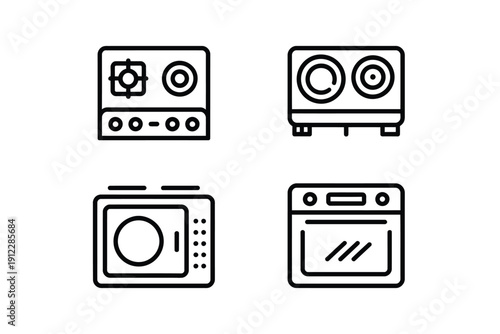 Set of line art symbols illustrates different kitchen cooking appliances used for food.