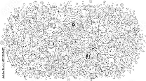 "Intricate Abstract Doodle Art Background with Cute Monsters, Whimsical Characters, and Creative Elements – Hand Drawn Vector Line Art Illustration"