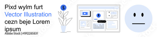 Business analytics, user interface design, financial growth, web development, emotion concepts, communication. A dashboard layout, coin plant icon and neutral face. Business analytics and user