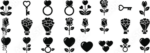 Collection of black silhouette icons featuring hearts keys flowers and jewelry