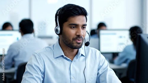 A smiling man in a call center wearing a headset, other people are in the background