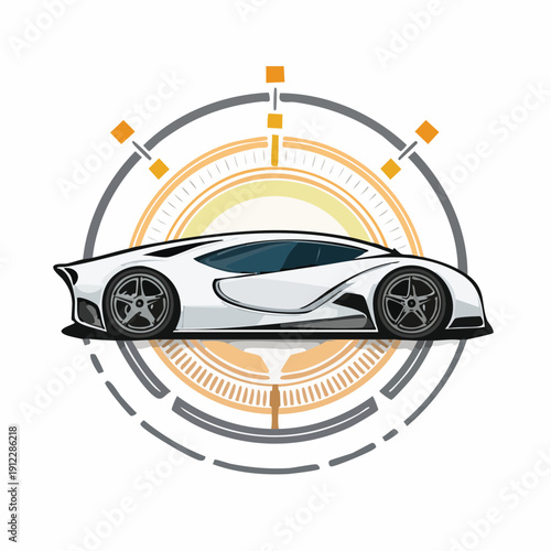 Futuristic sports car logo design with sleek silver vehicle.