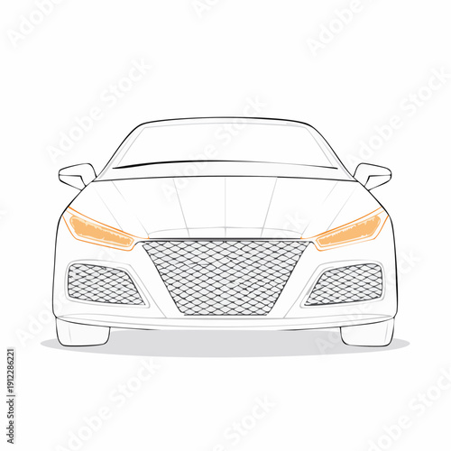 Front view illustration of a modern car with illuminated headlights.