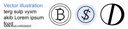 Cryptocurrency, finance, blockchain, digital assets, monetary systems, technology. Circular symbols of Bitcoin, dollar sign and abstract shapes. Cryptocurrency and finance