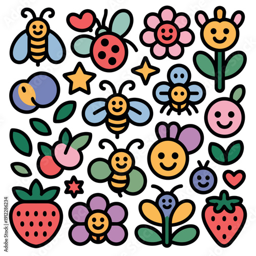 A colorful illustration of cartoon insects and fruits on a white background