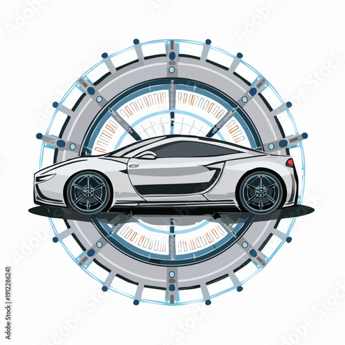 Sleek silver sports car on a circular abstract background.