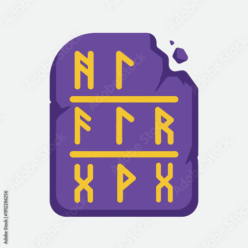Illustration of a broken purple stone tablet with yellow runic symbols.
