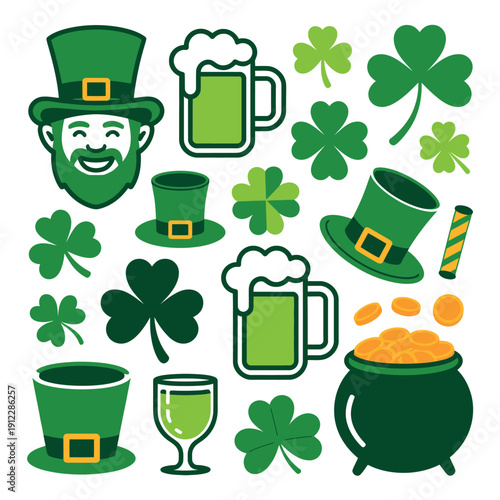 A festive illustration of St. Patrick's Day icons, including leprechaun hats, shamrocks, and beer.
