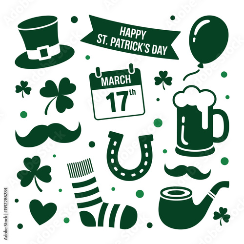 A festive illustration celebrating St. Patrick's Day with various green icons and symbols on a white background.