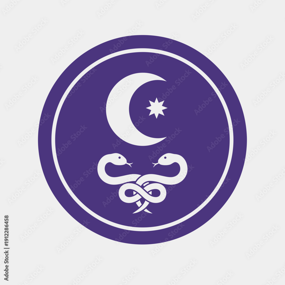 Fototapeta premium Circular emblem with crescent moon, star, and intertwined snakes on purple background.