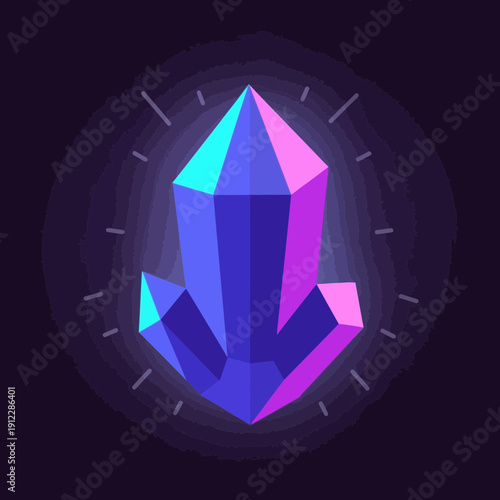 Abstract 3D geometric crystal with vibrant purple and blue facets on dark background.