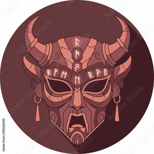 Stylized illustration of a demonic mask with runes and horns.