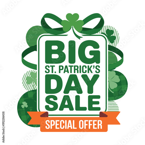 A colorful St. Patrick's Day sale sign with green shamrocks and an orange special offer banner on a white background