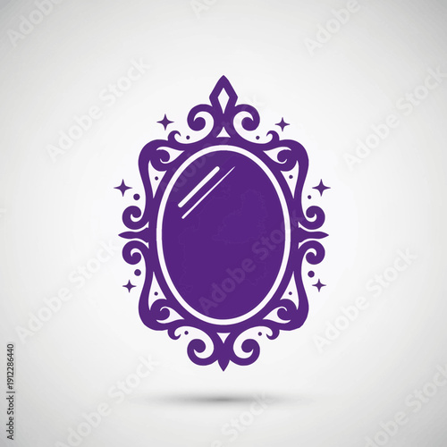 Ornate purple mirror with decorative frame and reflective surface.