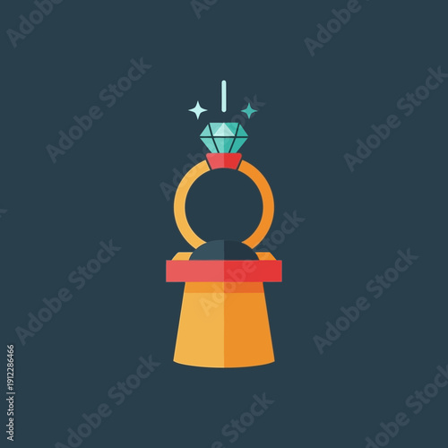 Illustration of a diamond ring with a large gemstone on a ring holder.