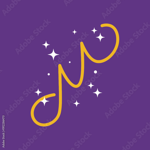 Artistic illustration of the word "joy" with stars on a purple background.