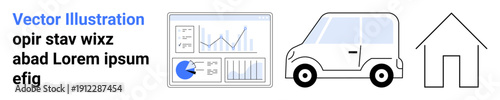 Data charts with graphs and pie chart, simple car depiction, house outline. Ideal for analytics, transportation, planning, real estate, urban development, education simple landing page