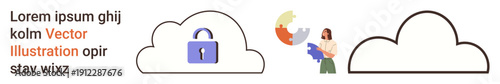 Cloud computing, data security, teamwork, online storage, digital collaboration, privacy protection. A locked cloud and a person with shared colorful elements. Cloud computing and data security