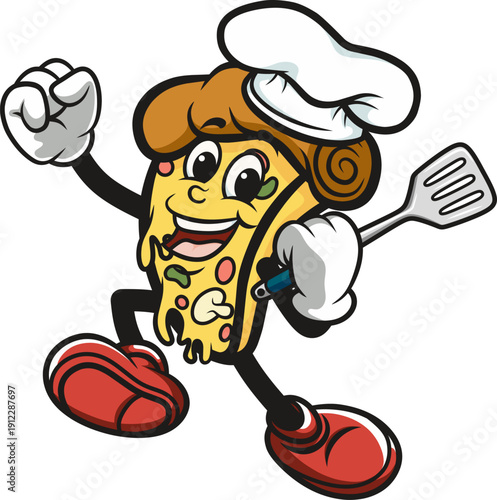 cartoon pizza character with chef hat and holding spatula