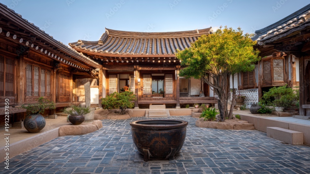 Fototapeta premium Traditional Korean Hanok Courtyard with Stone Path, Wooden Architecture, and Greenery in Peaceful Setting Under Clear Sky