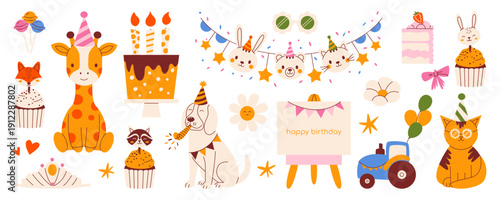 Cute birthday party set with giraffe, dog, cat, bunny characters. Modern retro flat vector minimalist illustration with cakes, cupcakes, balloons, and bunting for kids celebration decor, invitation