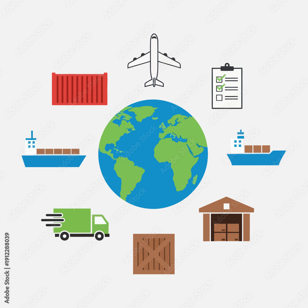Fototapeta premium Global Logistics and Transportation Icons Around Earth.