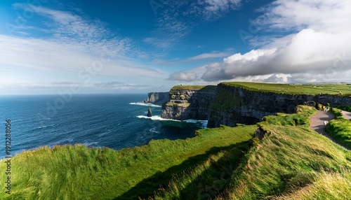 dramatic sea cliffs with lush green landscape and ocean view at cliffs of moher in county clare ireland