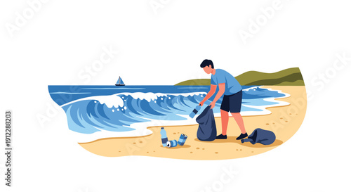 A man collects plastic bottles and trash in a black bag on a sandy beach next to ocean waves, with a sailboat.