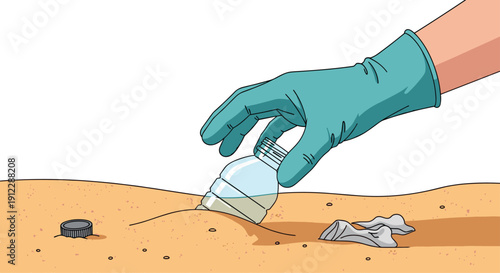 A gloved hand in a green glove retrieves a plastic bottle from sandy ground with a cap and other trash.