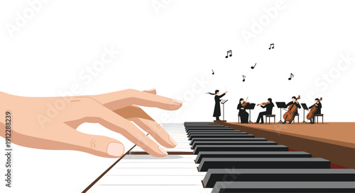 Hand plays piano while a small orchestra with a conductor performs on stage, musical notes floating above.