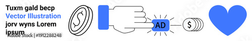 Digital marketing, online ads, pay-per-click, monetization, brand promotion, advertising strategies. A hand clicks on an AD button with surrounding icons thumbs up a coin and heart. Digital marketing