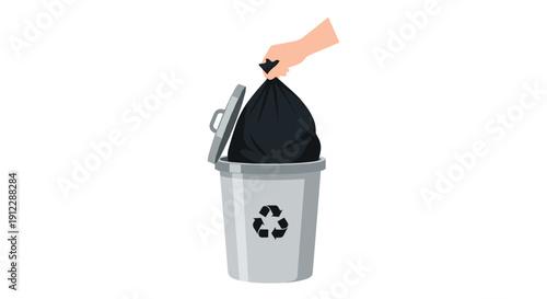 A hand is shown dropping a tied black garbage bag into a grey recycling bin with a symbol.