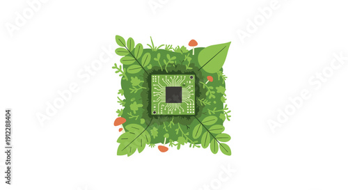 A green circuit board chip is nestled within a vibrant patch of moss, leaves, and small mushrooms on a white background.