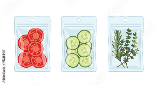 Three clear plastic bags hold fresh sliced tomatoes, cucumber rounds, and fragrant herbs like rosemary and thyme.