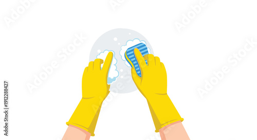 A pair of yellow-gloved hands vigorously scrub a white dish with a blue and white sponge, creating soapy bubbles.