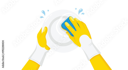 A pair of yellow and white gloved hands scrub a white plate with a blue sponge, splashing water around the dish.