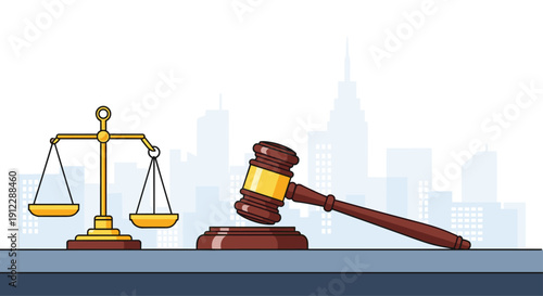 Golden scales of justice sit next to a judge's gavel on a table, with a city skyline silhouette in the background.