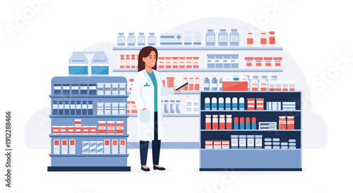 A female pharmacist in a white lab coat stands in a pharmacy aisle filled with shelves of medicines and products.