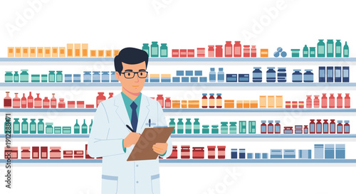 Pharmacist in lab coat holds a clipboard, standing before shelves stocked with medicine and diverse pharmaceutical products.