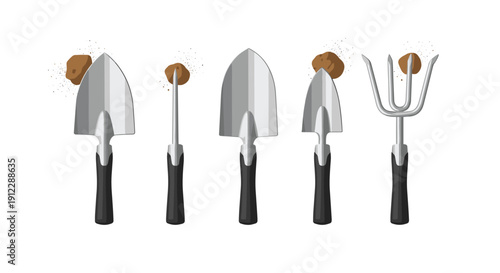 Set of five silver and black handled garden tools, including various shovels and a cultivator, with some soil present.